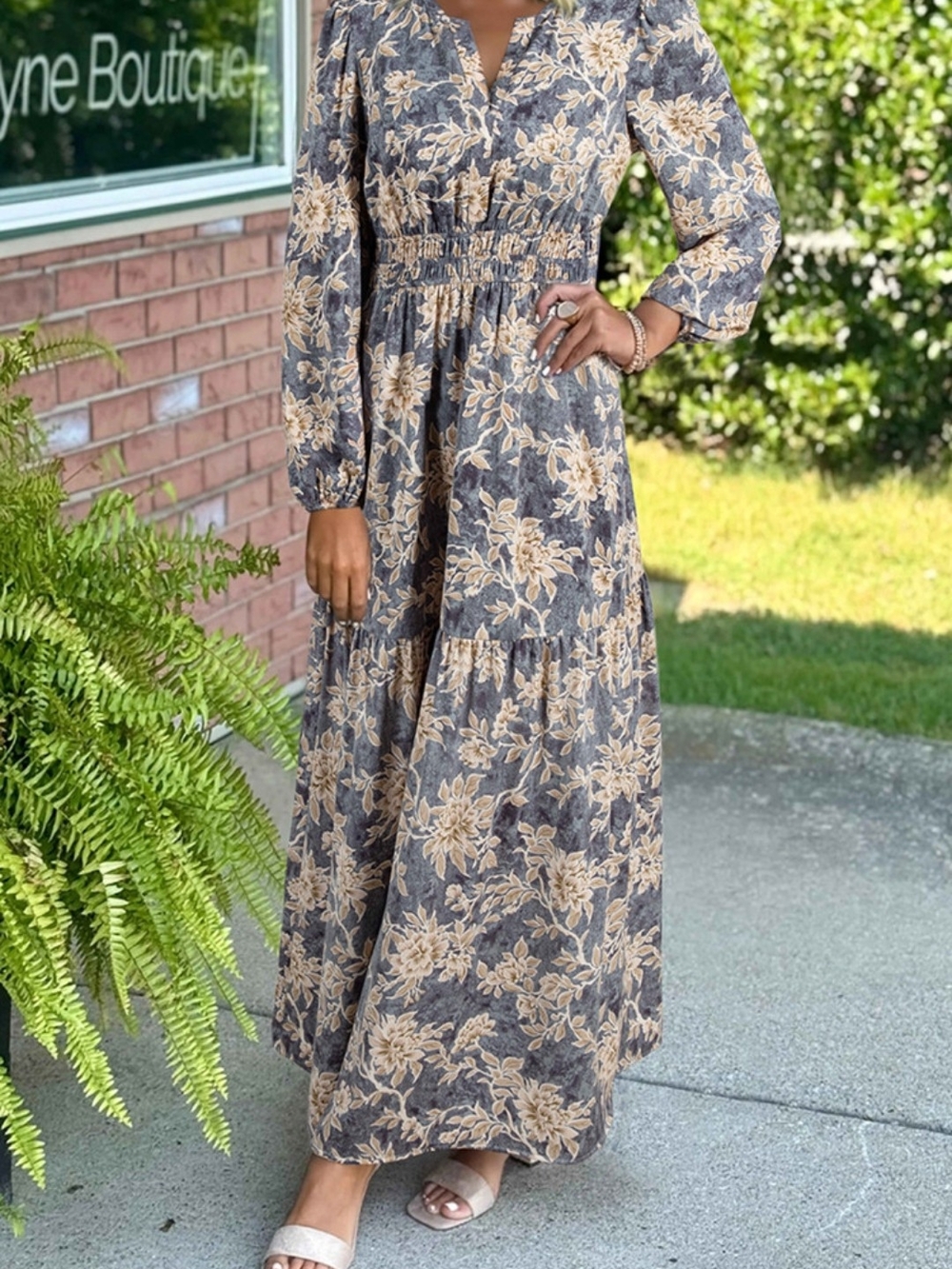 Maxi Floral Tiered Dress - Beige Floral on Charcoal